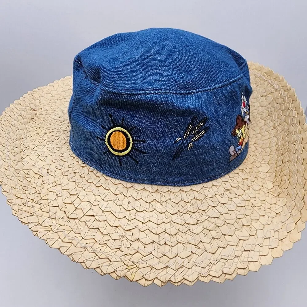 Vintage 90s Looney Tunes Denim Straw Sun Hat One Size Tweety Mom USA Acme 1991